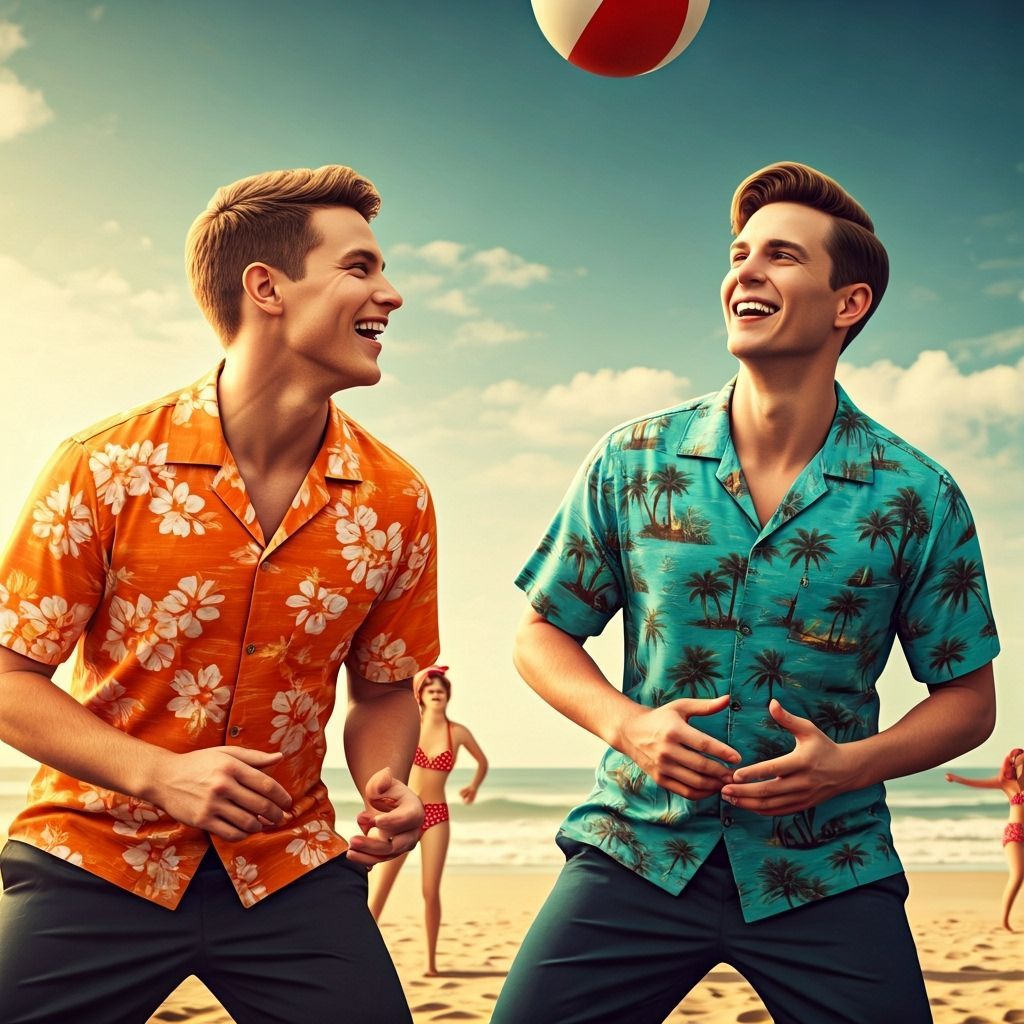 Laughing Men in 1950s Hawaiian Shirts on Beach
