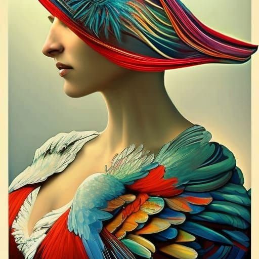 Woman with Birds, Hyperdetailed Art Nouveau Portrait