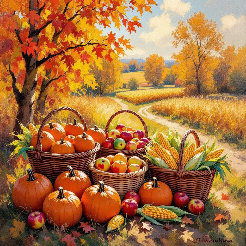 Bountiful Autumn Harvest Scene in Impressionistic Oil Style