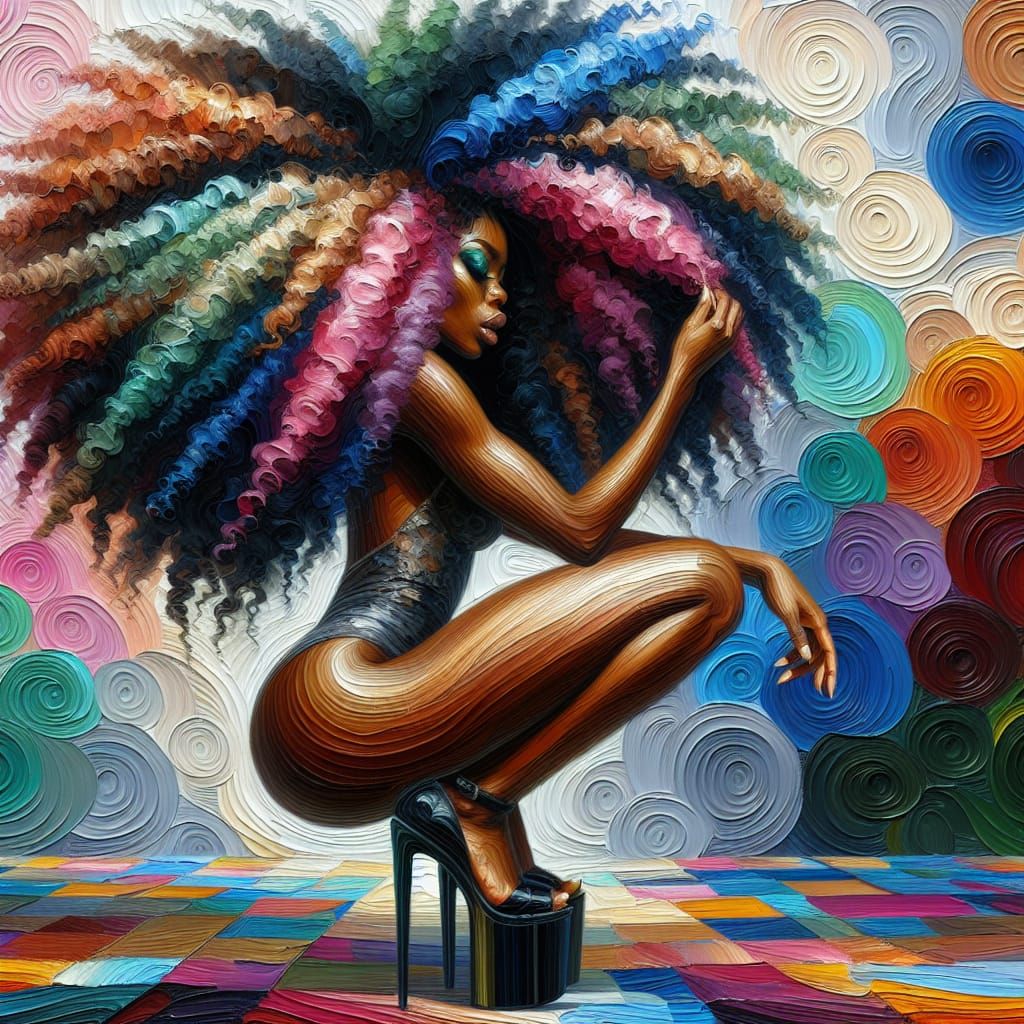 Abstract Oil Painting of Woman with Multicolored Hair