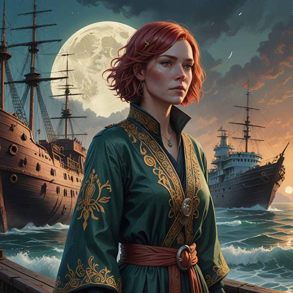 Confident Woman Embracing Mystic Oceanic Vibe in Whimsical A...