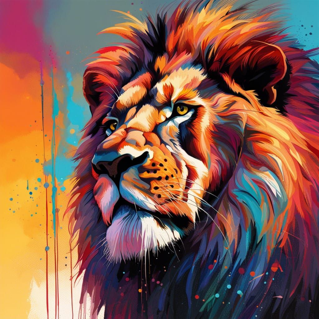 Expressive Lion Portrait in Hyperrealistic Splash Art