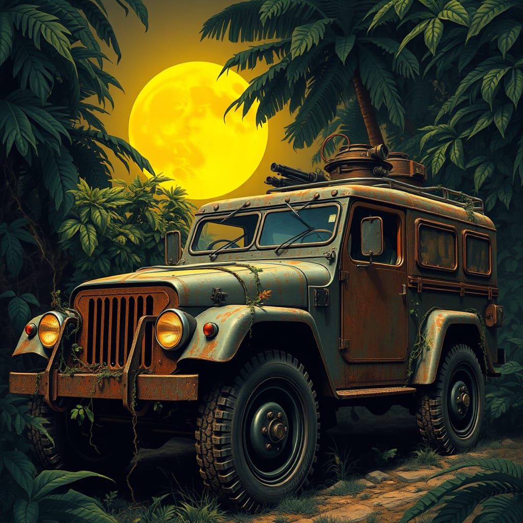 Vintage Armoured Car Under Yellow Moonlit Jungle
