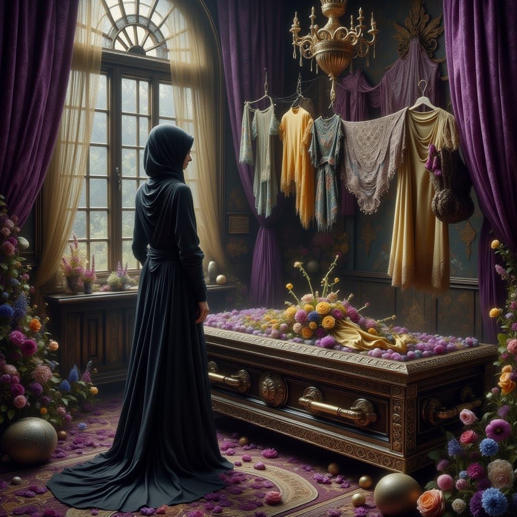 Mourning Woman in Dark Fantasy Funeral, Surrealist Style