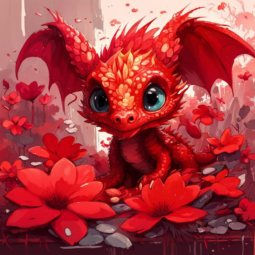 little red chibi dragon with big eyes and distinct scales in the background are cheno flowers small wings