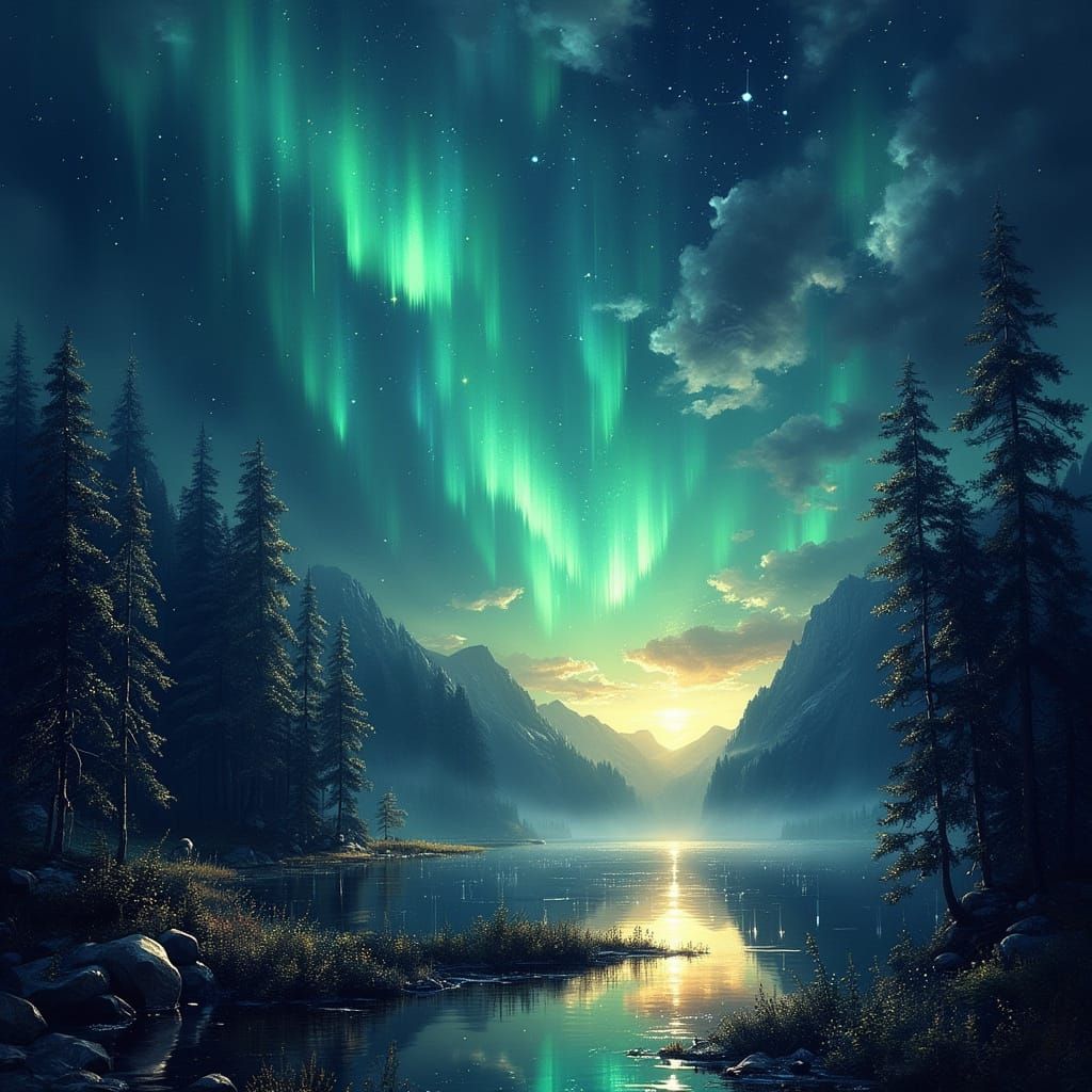 Aurora Borealis Dancing in Luminous Digital Painting