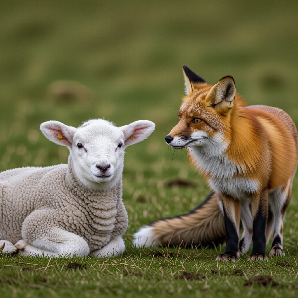 A Timid Lamb Hiding From a Fox