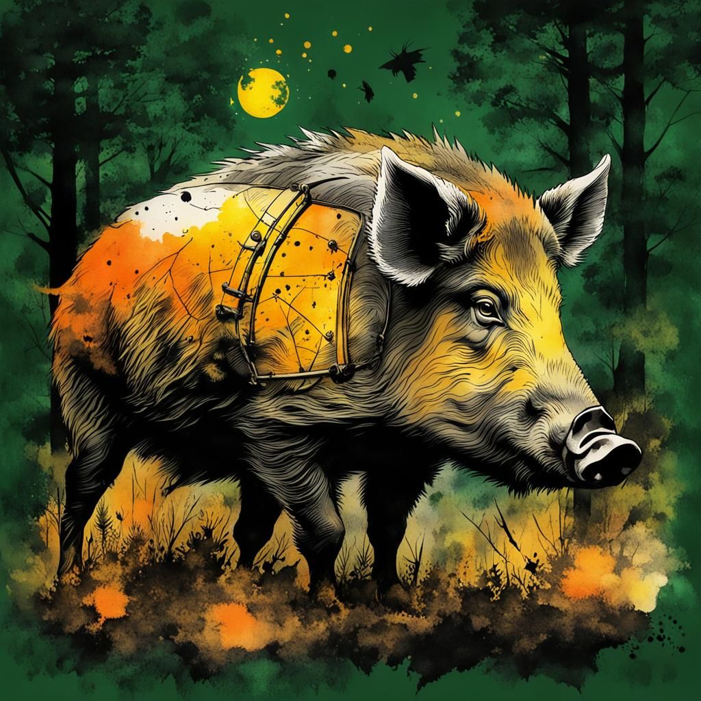 Steampunk Wild Boar in Forest, Ink Painting