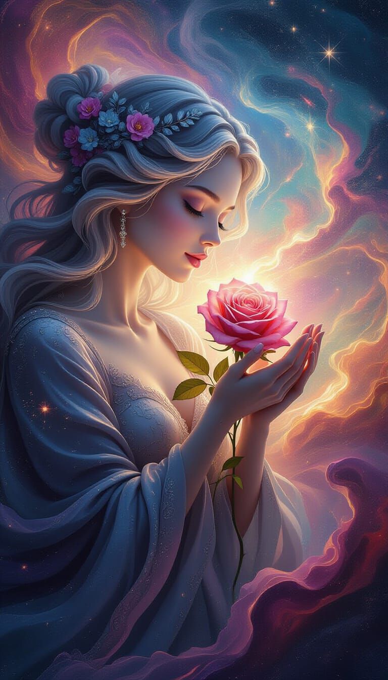 Celestial Being Holds Divine Rose in Cosmic Expanse