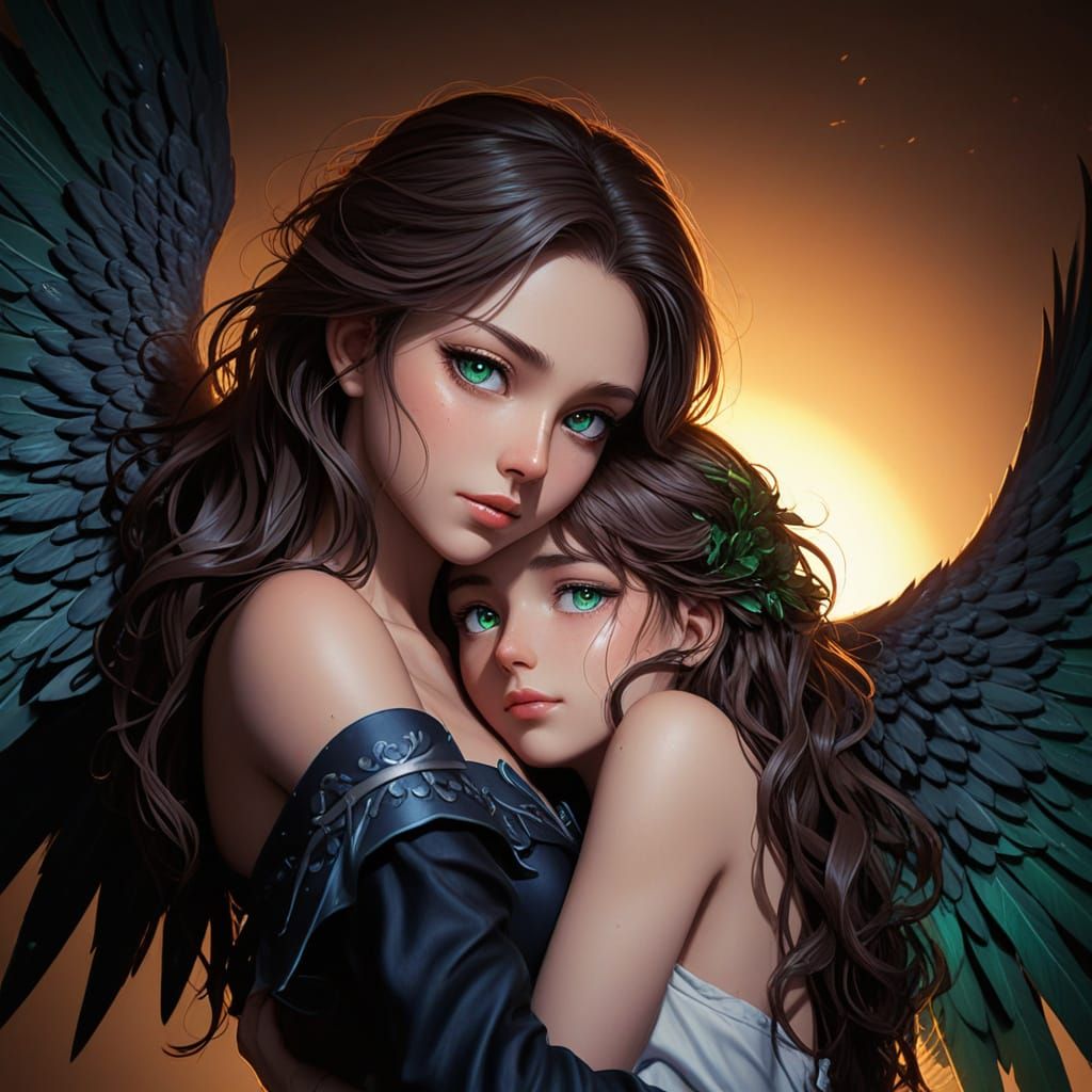Anime Dark Angel Hug in Vibrant Manga Style