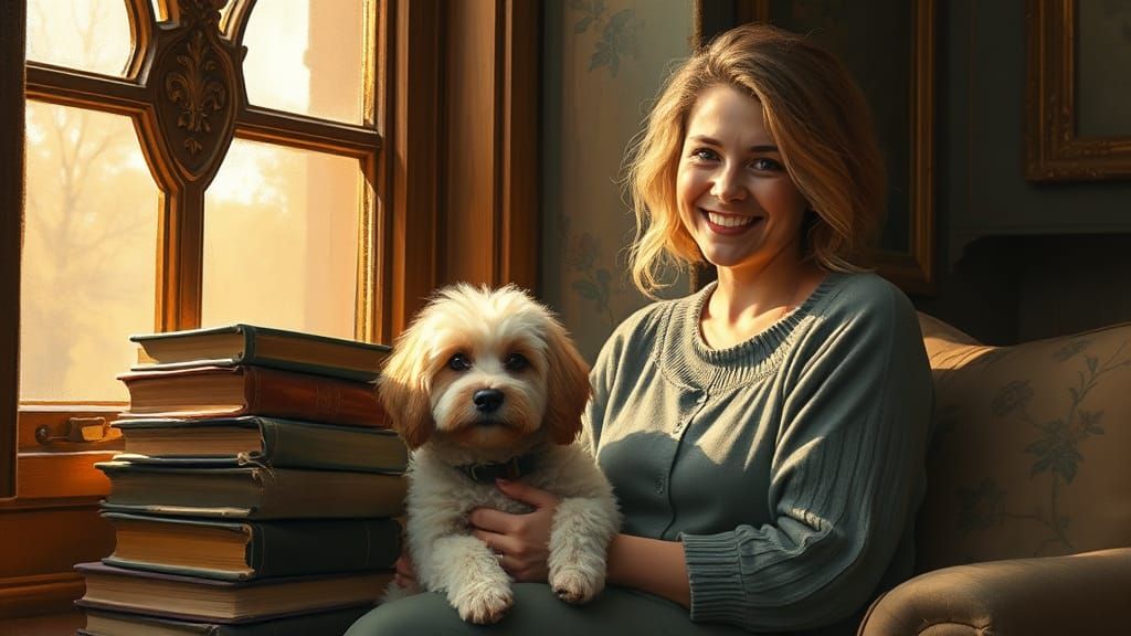 Cozy Impressionist Scene with Woman, Dog, and Books