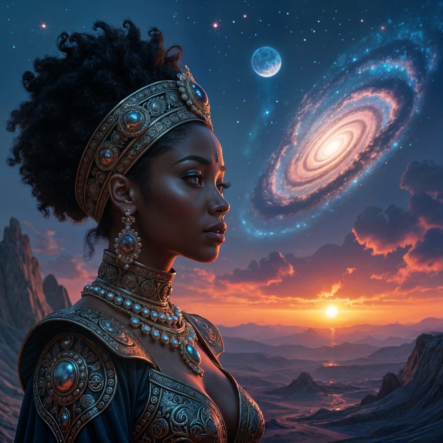 Afrofuturist Woman Gazing into Nebula in Digital Art Style