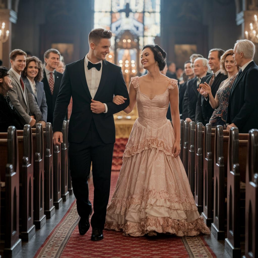 Crossdressing Young Man in Quinceañera Dress with Woman in C...