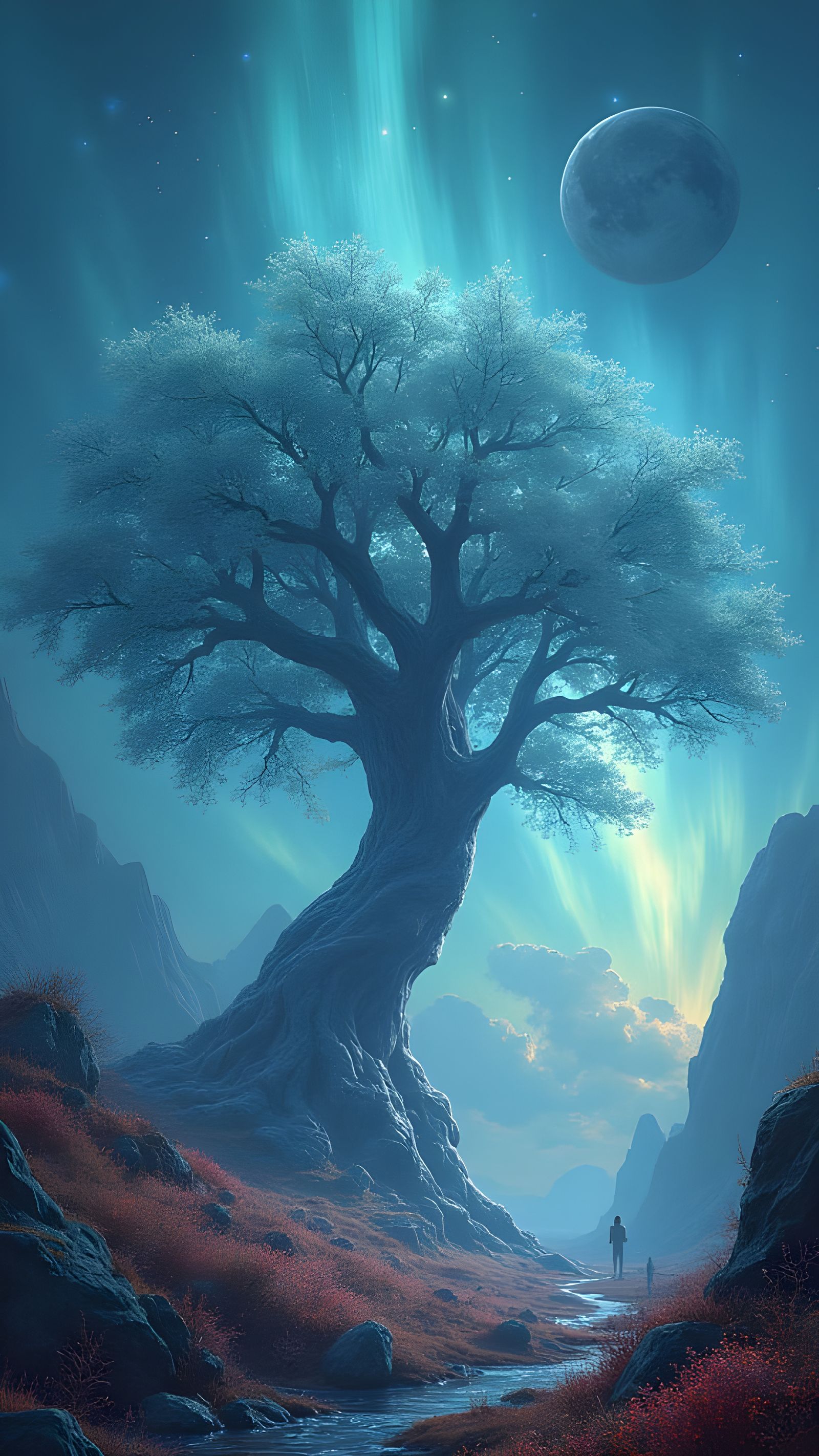 Crystalline Tree Under Twin Moons and Auroras
