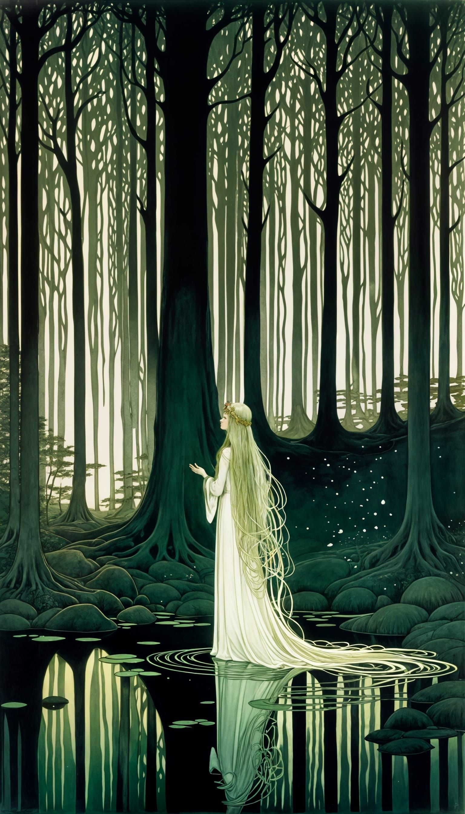 Fairytale Princess Reflected in Forest Pond