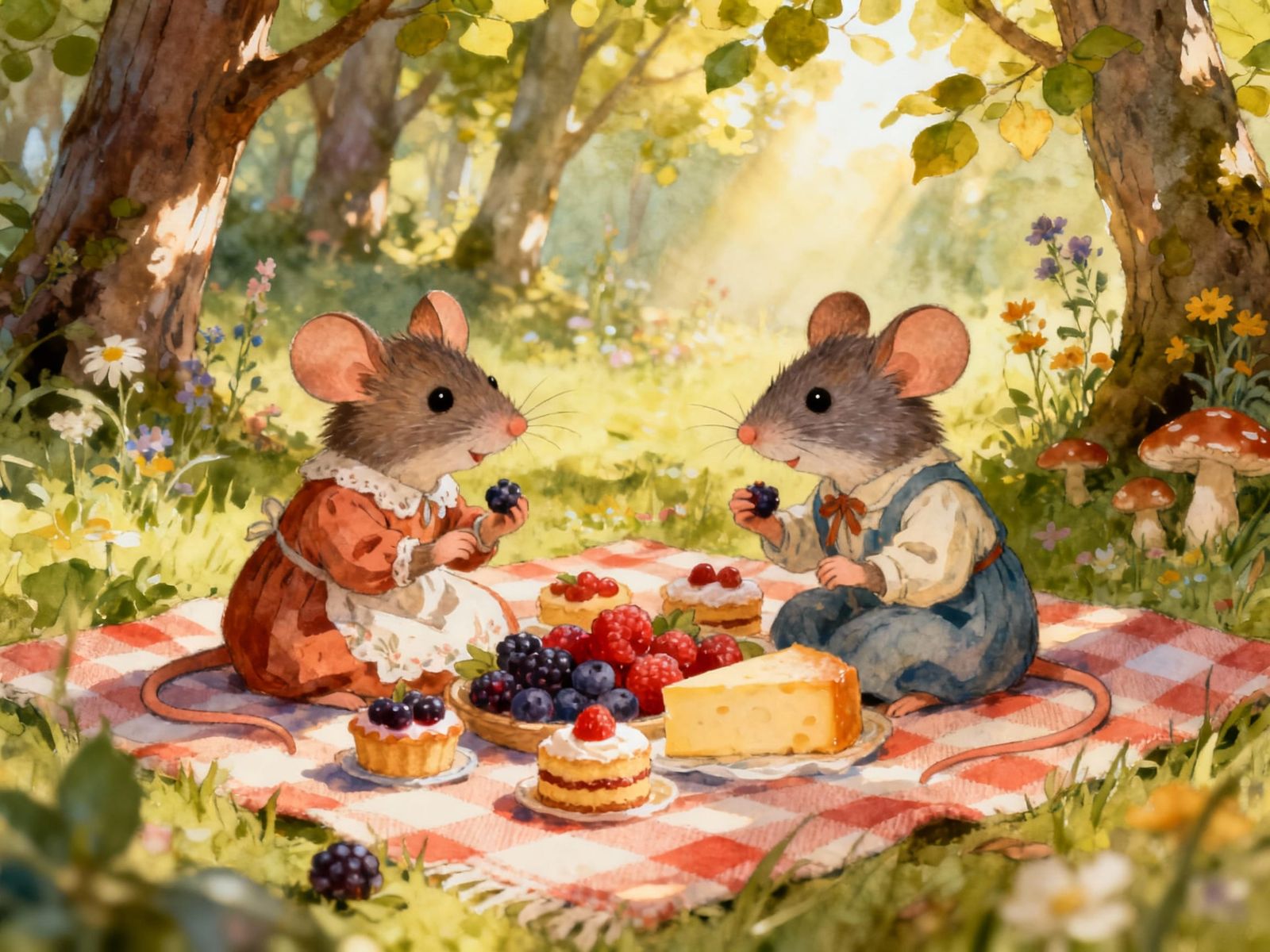 Whimsical Mice Picnic in Sunlit Forest Clearing