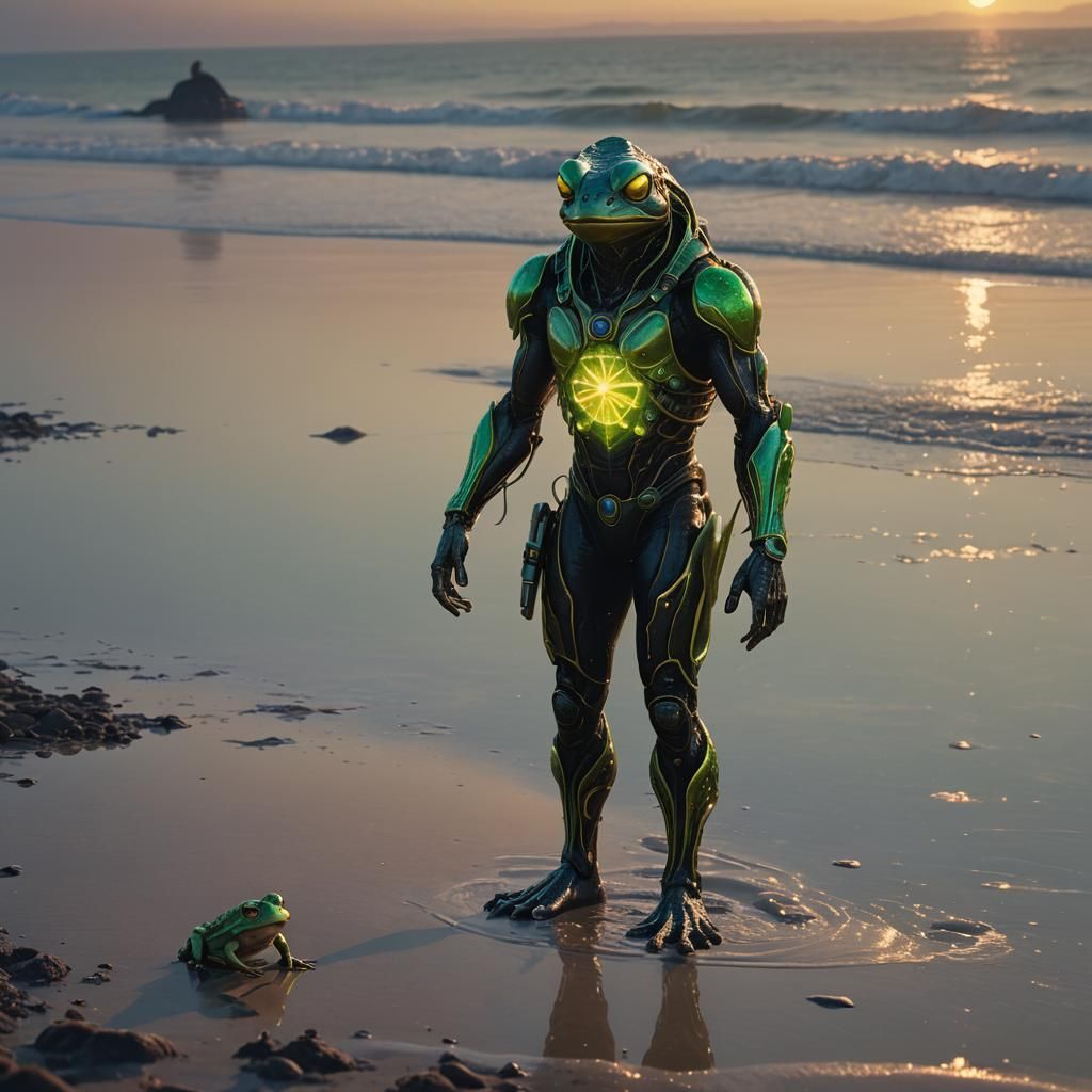 Alien Frog Man Walks Seashore: Hyper-Realistic Digital Art
