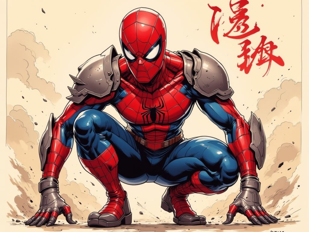 Armored Spiderman Crouching in Cloudscape, Comic Book Style