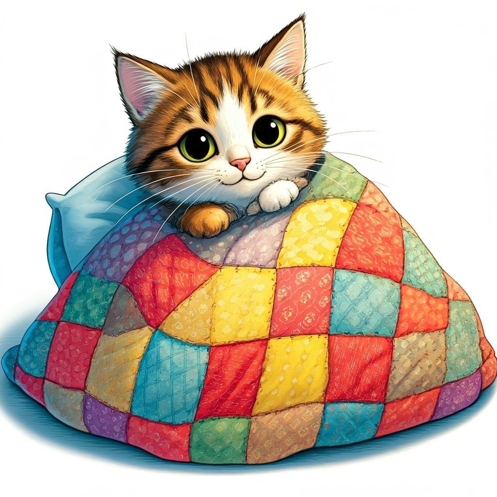 Charming Cat in Bed: A Bright-Colored Illustration