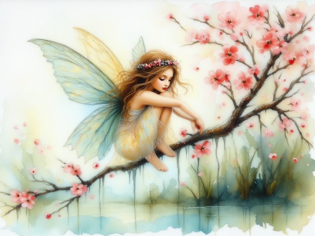 Delicate Fairy on Cherry Blossom Branch in Watercolor Style