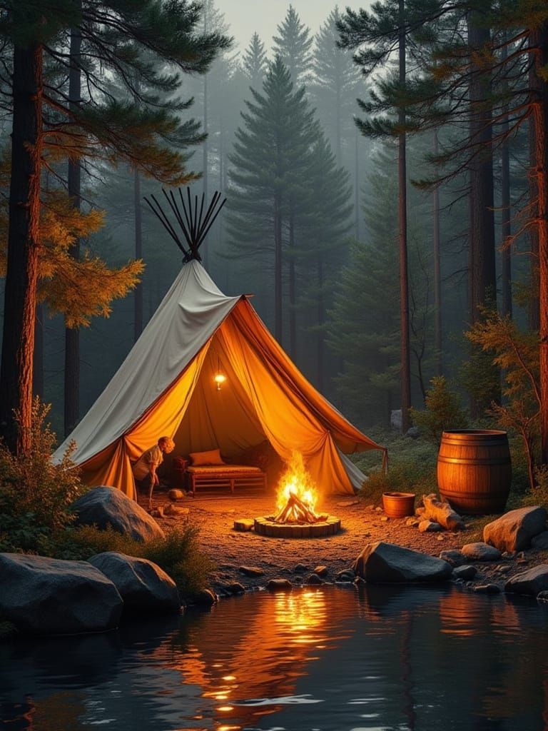 Cozy Forest Campsite with Glowing Teepee and Campfire