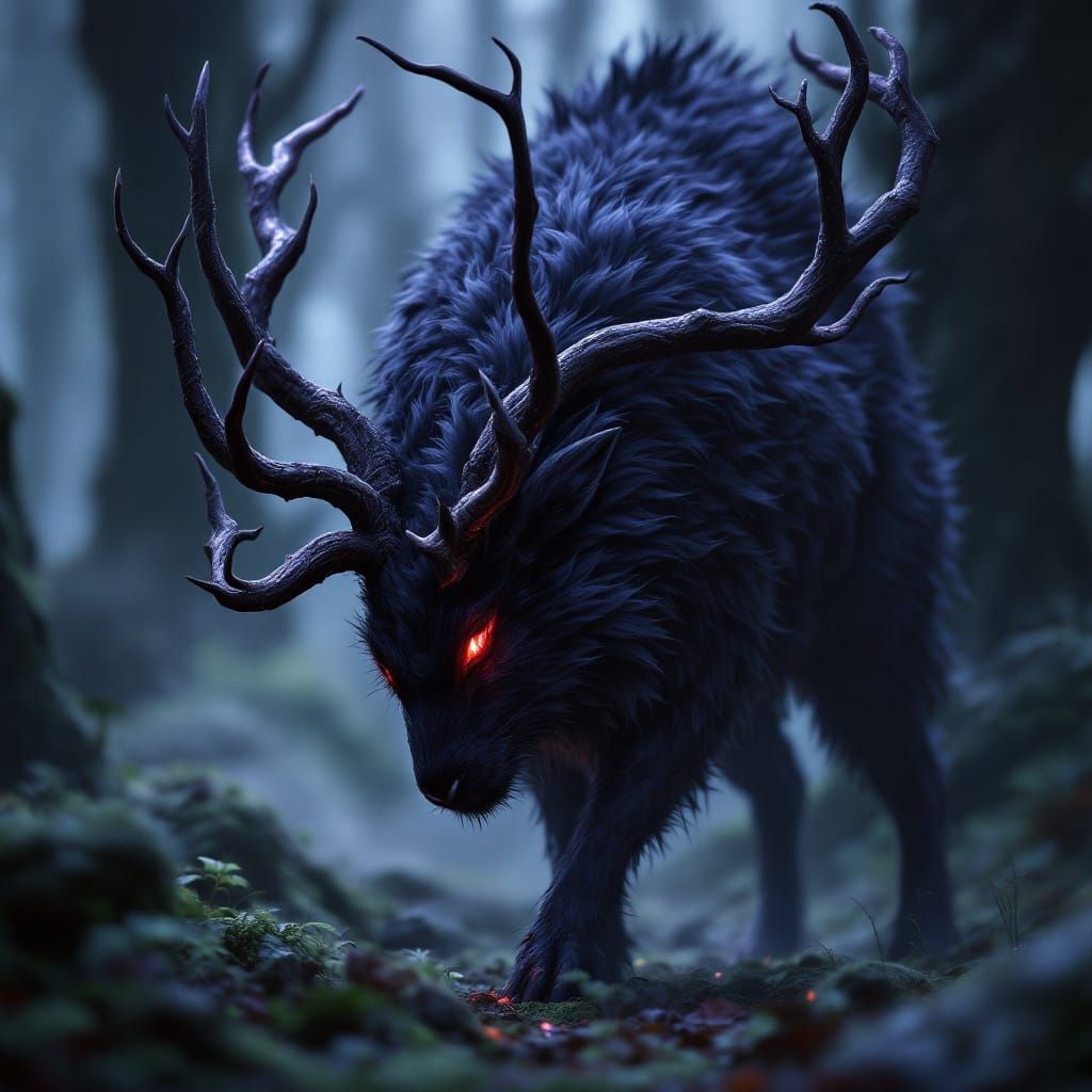 Majestic Black Deer Rabbit Hybrid with Red Eyes in Mystical ...