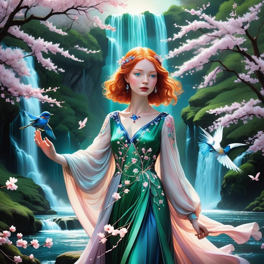 Futuristic Queen with Blue Bird in Surreal Landscape