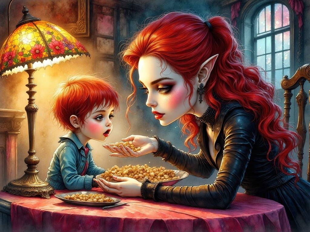 Vampire Queen Babysits Toddler in Detailed Ink Style