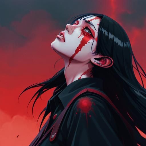 Anime Girl Crying in Blood Rain, Cel-Shaded Style