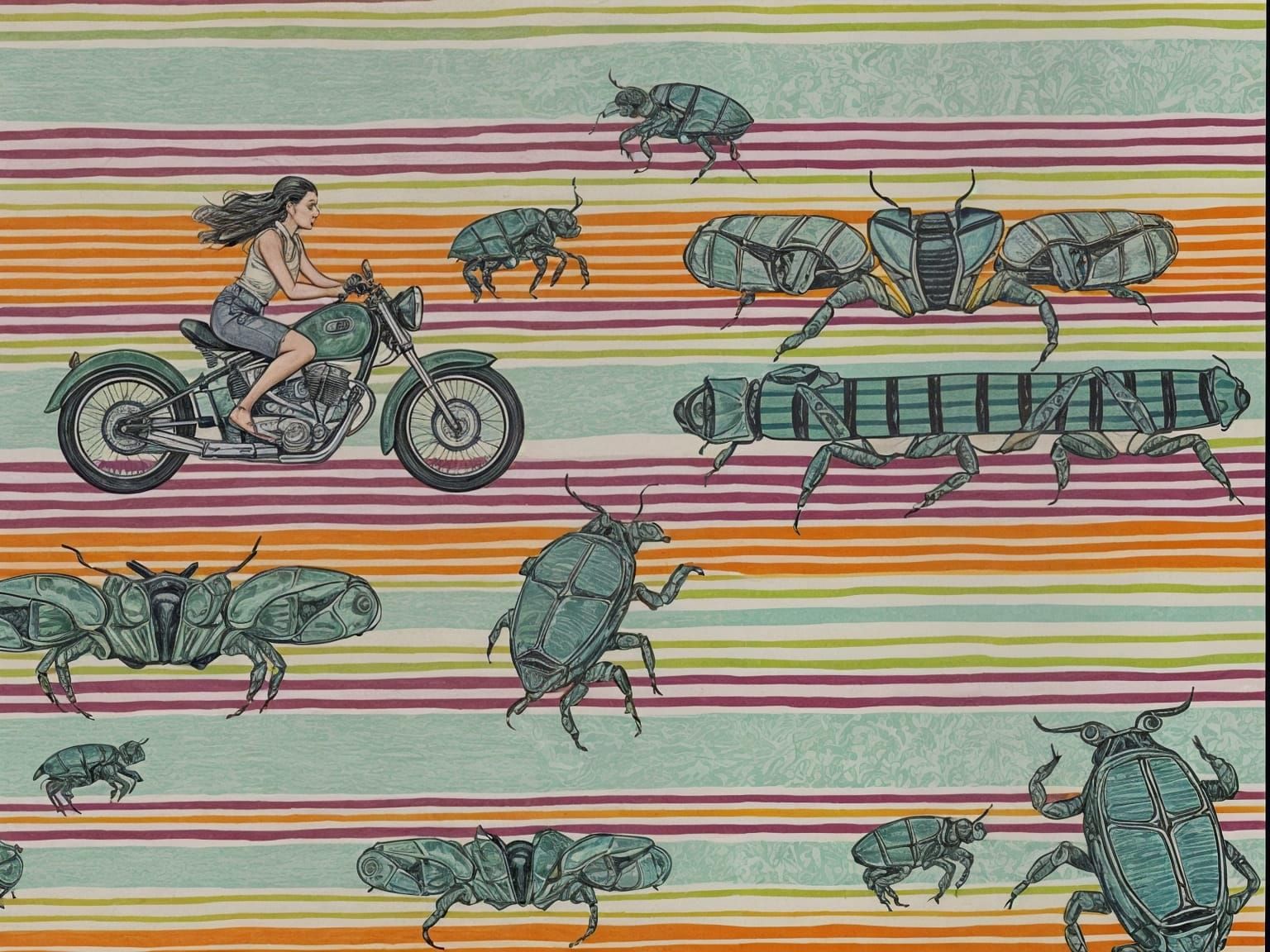 Psychedelic Motorcycle Adventure with Whimsical Creatures