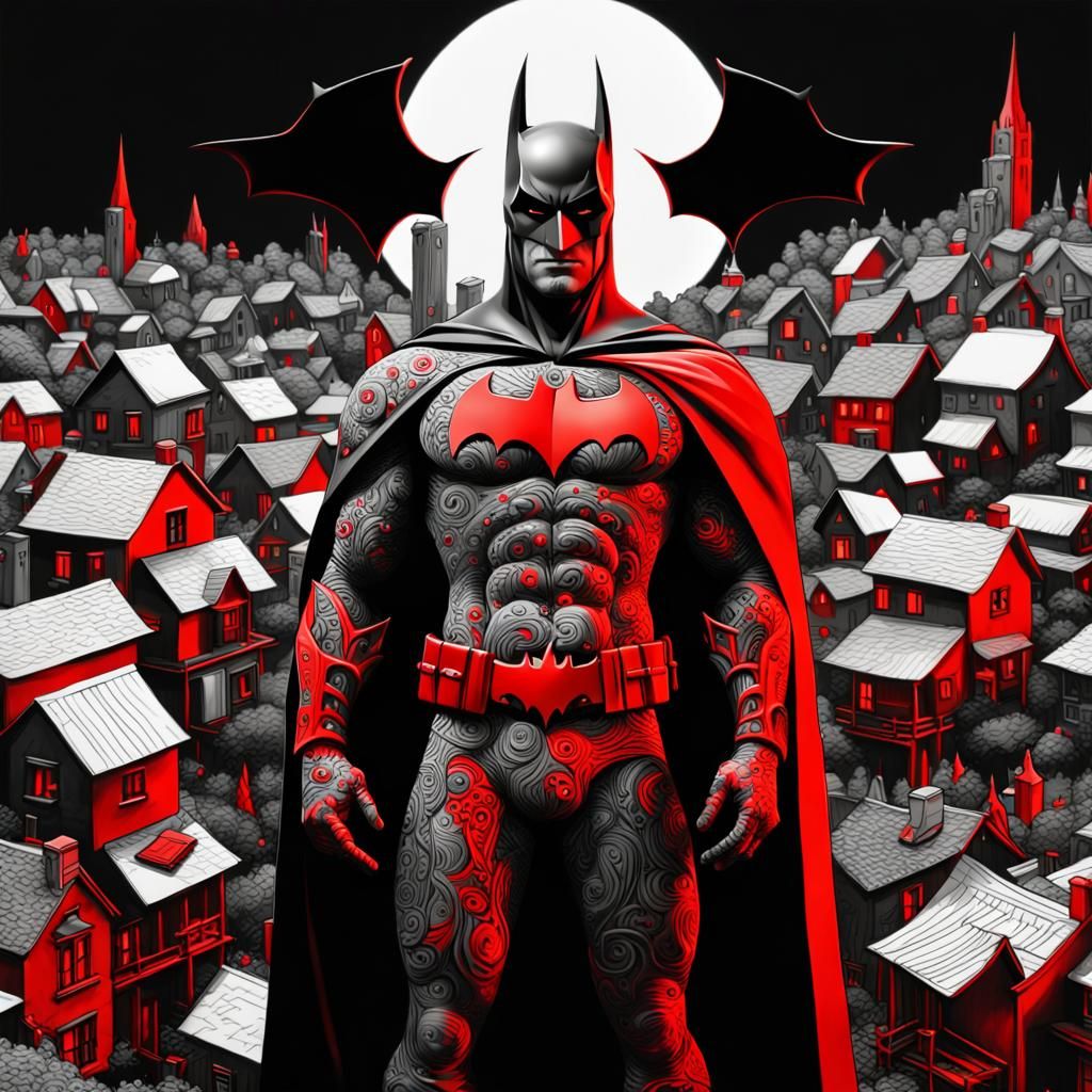 Red Batman standing in a crowded village in black and white backdrop