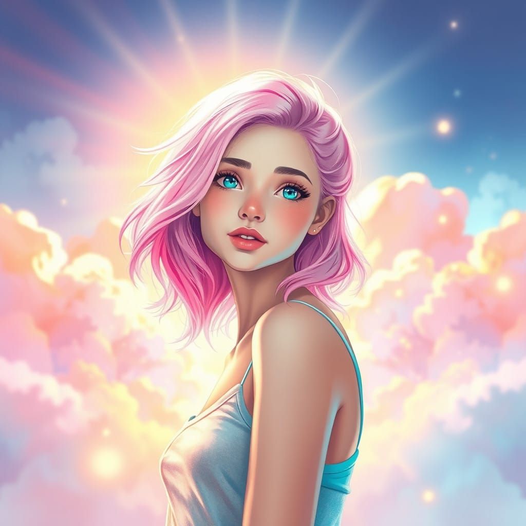 Dreamy Young Woman in Vibrant, Glowing Whimsy