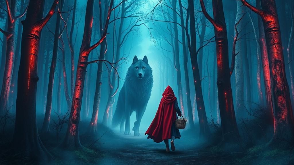 Red Riding Hood in Bioluminescent Forest, Illustration
