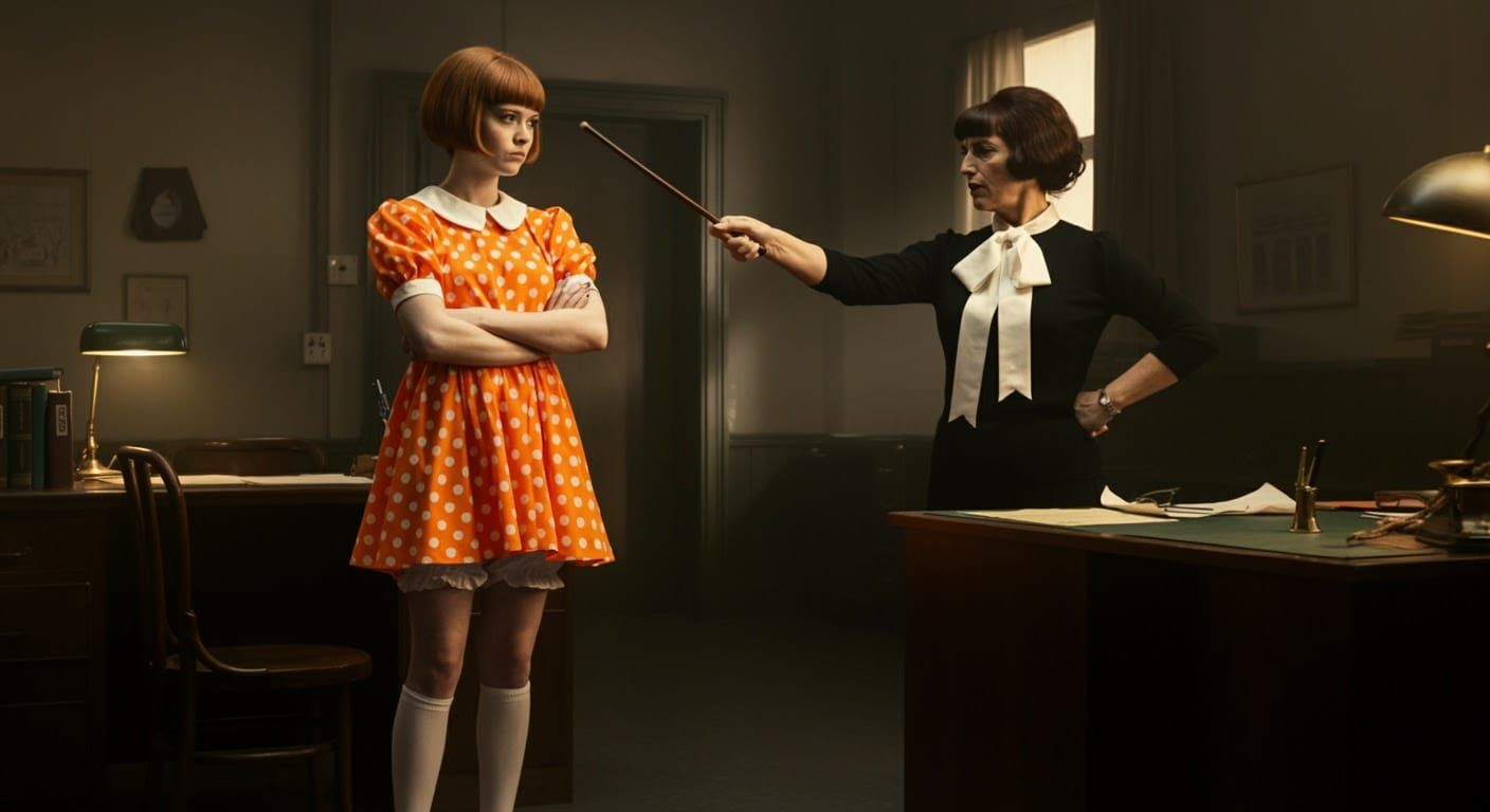 Elegant Headmistress Confronts Rebellious Student in Retro 1...