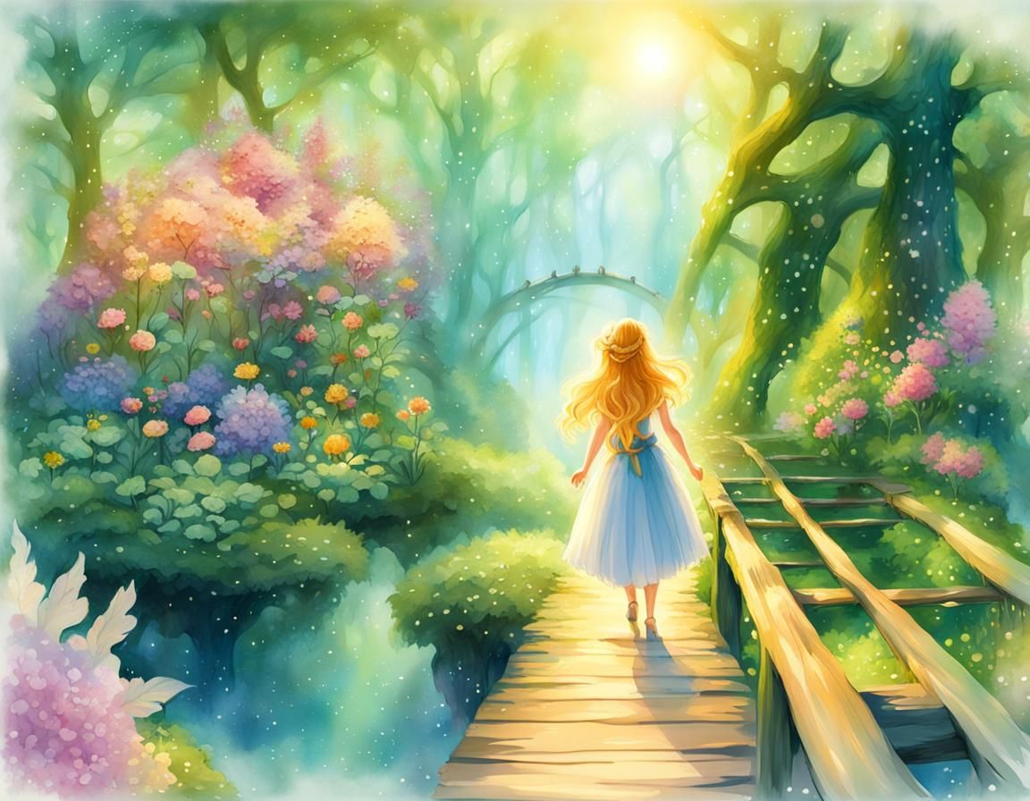 Enchanting Fairy Landscape with Flowers in Watercolor Style