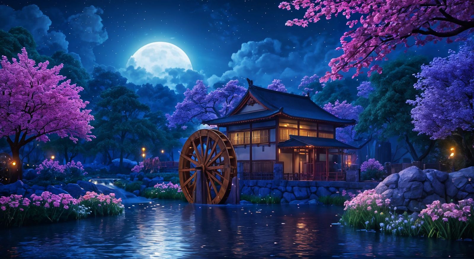 Traditional Asian Water Wheel at Dusk