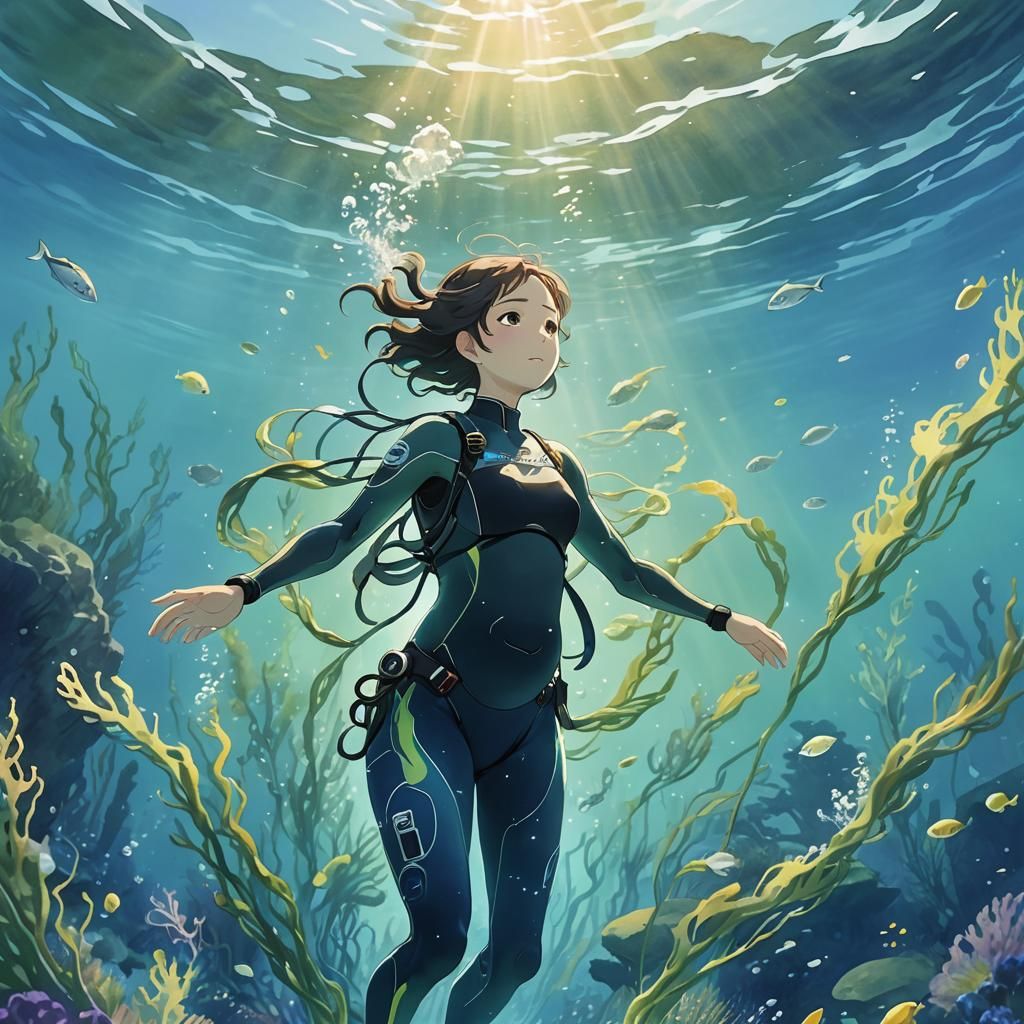 Pregnant Anime Diver in Ghibli Watercolor Style