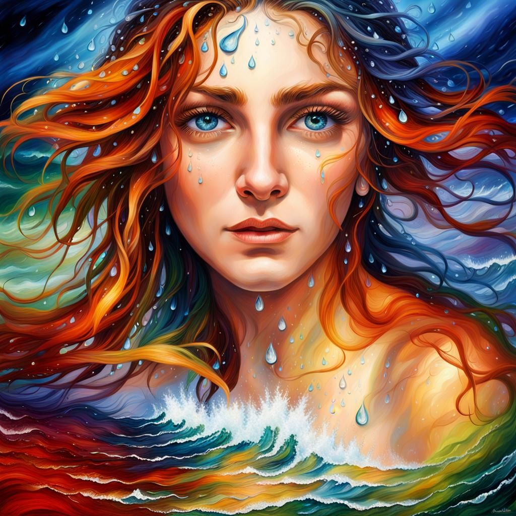 Wet Woman in Whirling Waves: Hyperrealistic Matte Painting