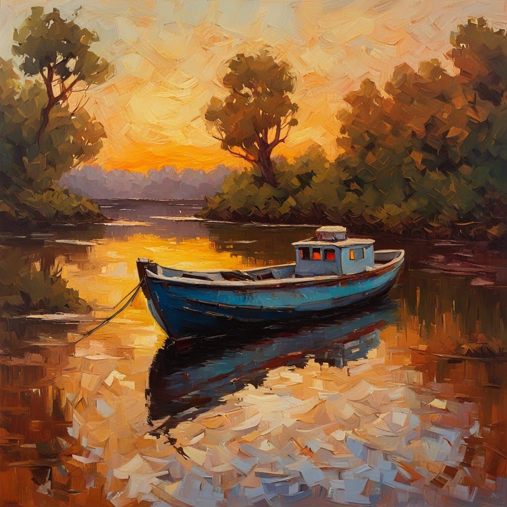 Baroque River Boat in Expressionist Impasto Style