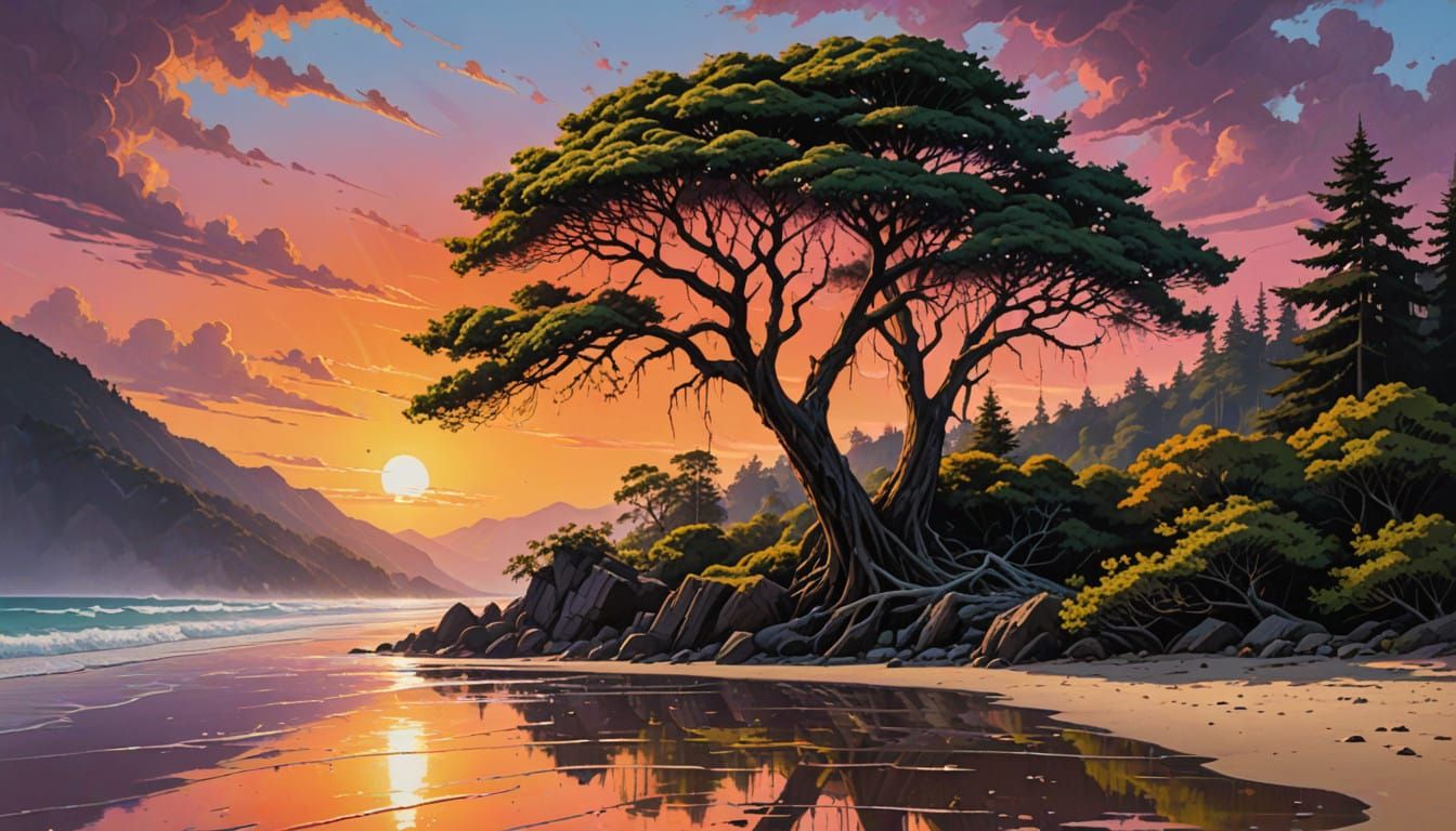 Ancient Forest Unfolds to Majestic Sunset