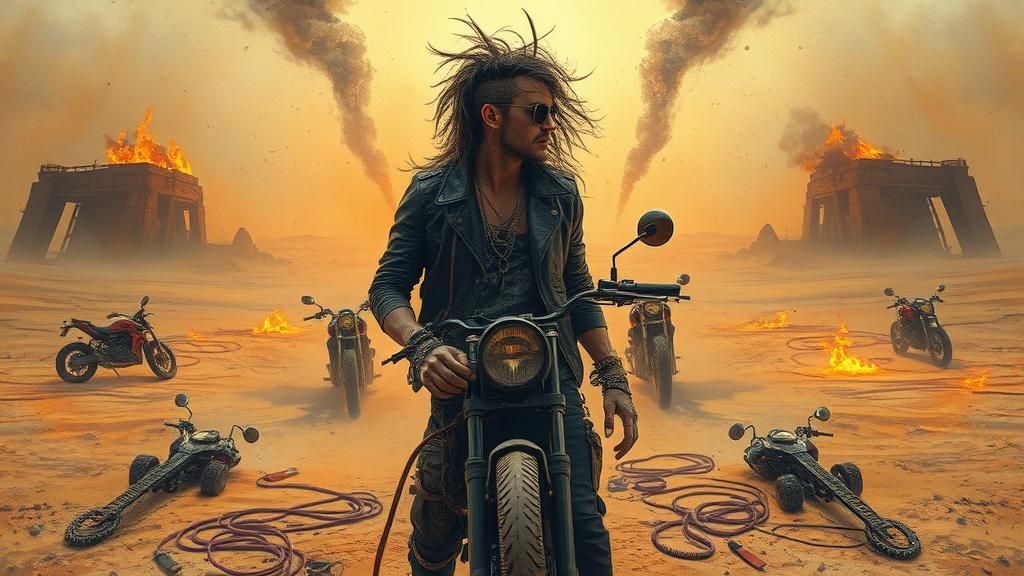 Dystopian Rockstar in Burning Wasteland, Saturated Oil Paint...