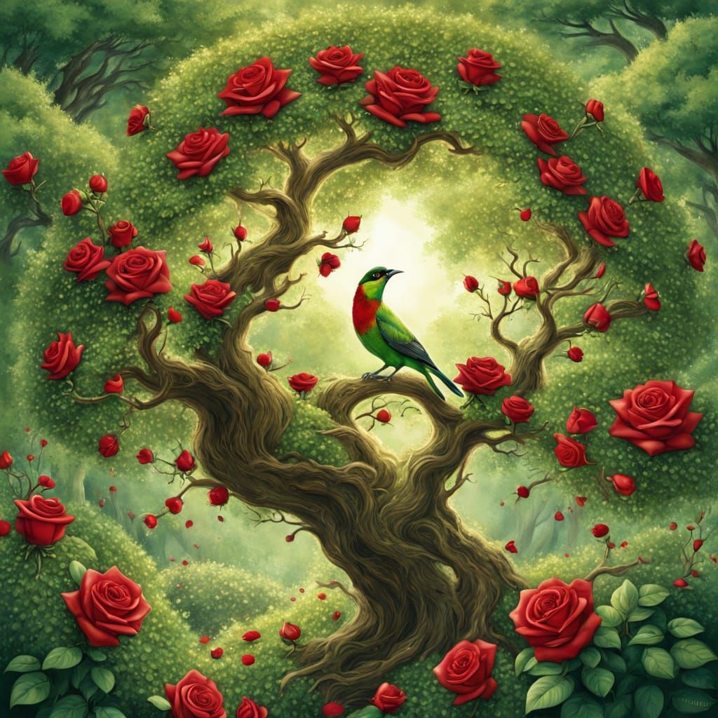 Vibrant Green Trees and Red Roses in Bloom