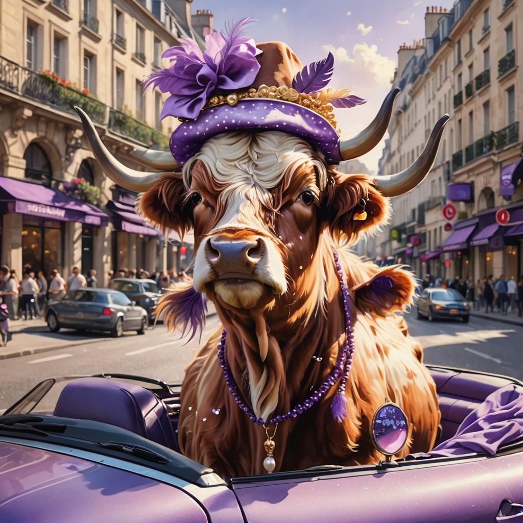 Highland Cow Drives a Mustang in Paris