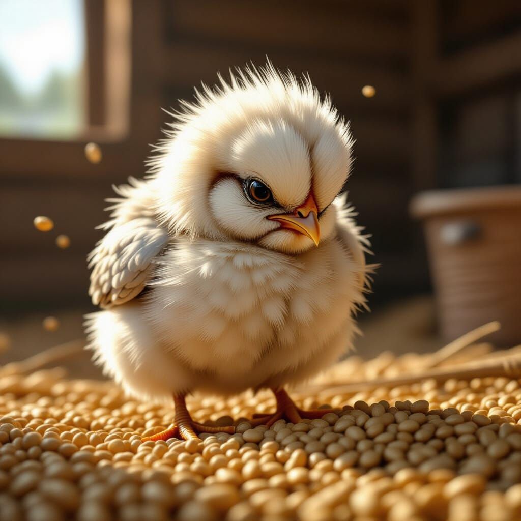 Ultra-Realistic Grumpy Chick in Cozy Farm Setting