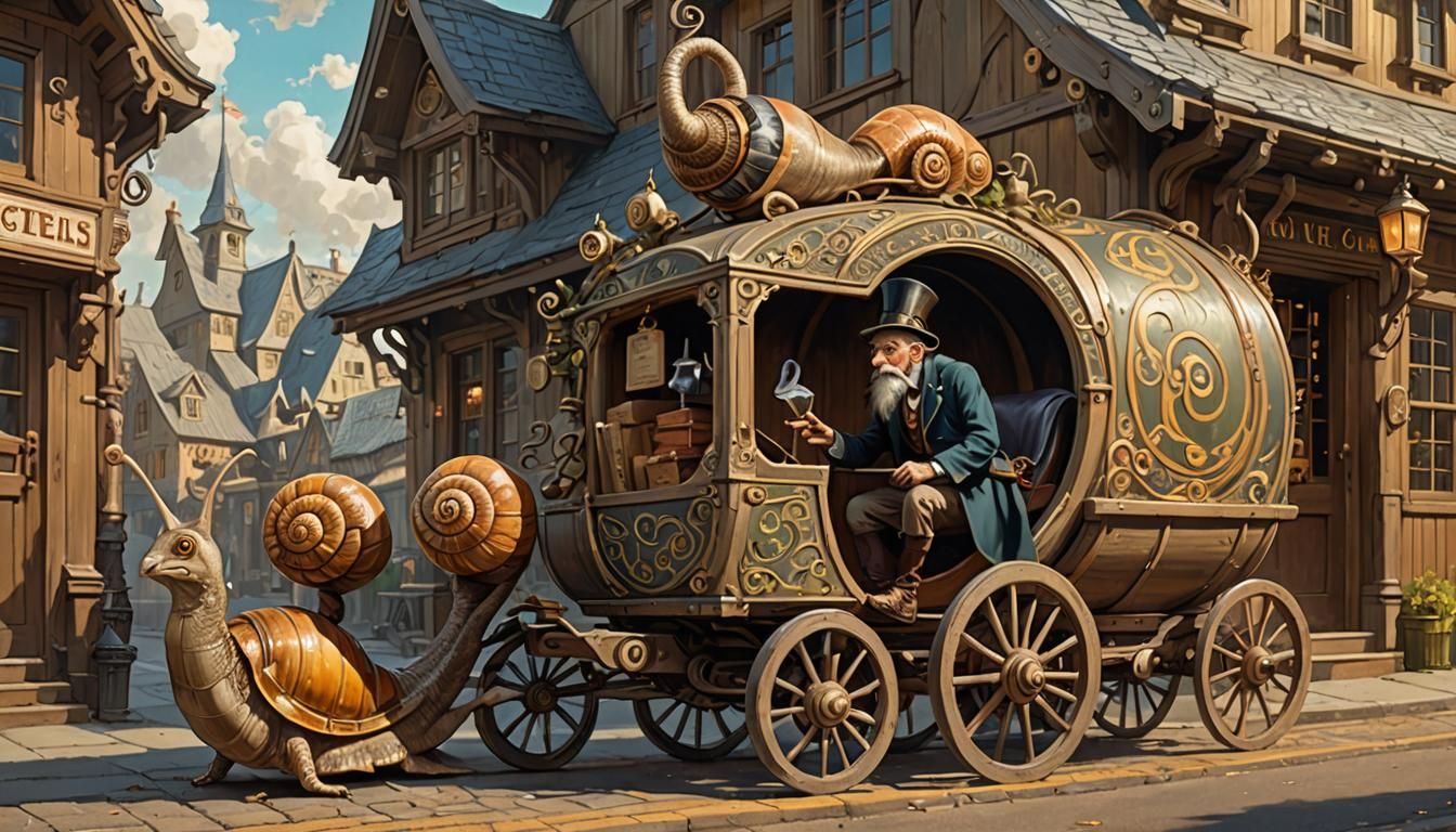 Elf Drives Snail Mail Wagon, Art Deco Style