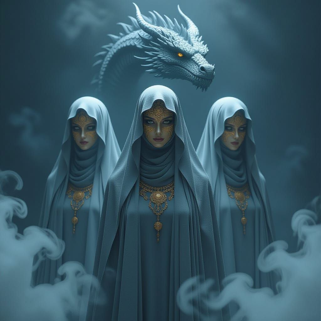 Mystical Veiled Women with Dragon in Digital Art