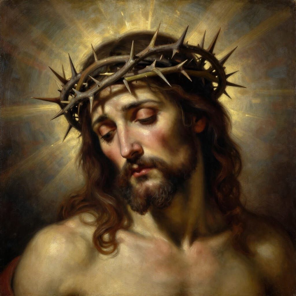Jesus Christ Oil Painting With Crown of Thorns