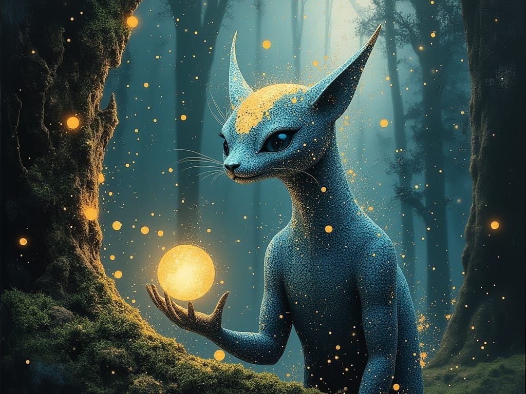 Bioluminescent Fantasy Beast Holds Magic Flower in Enchanted...