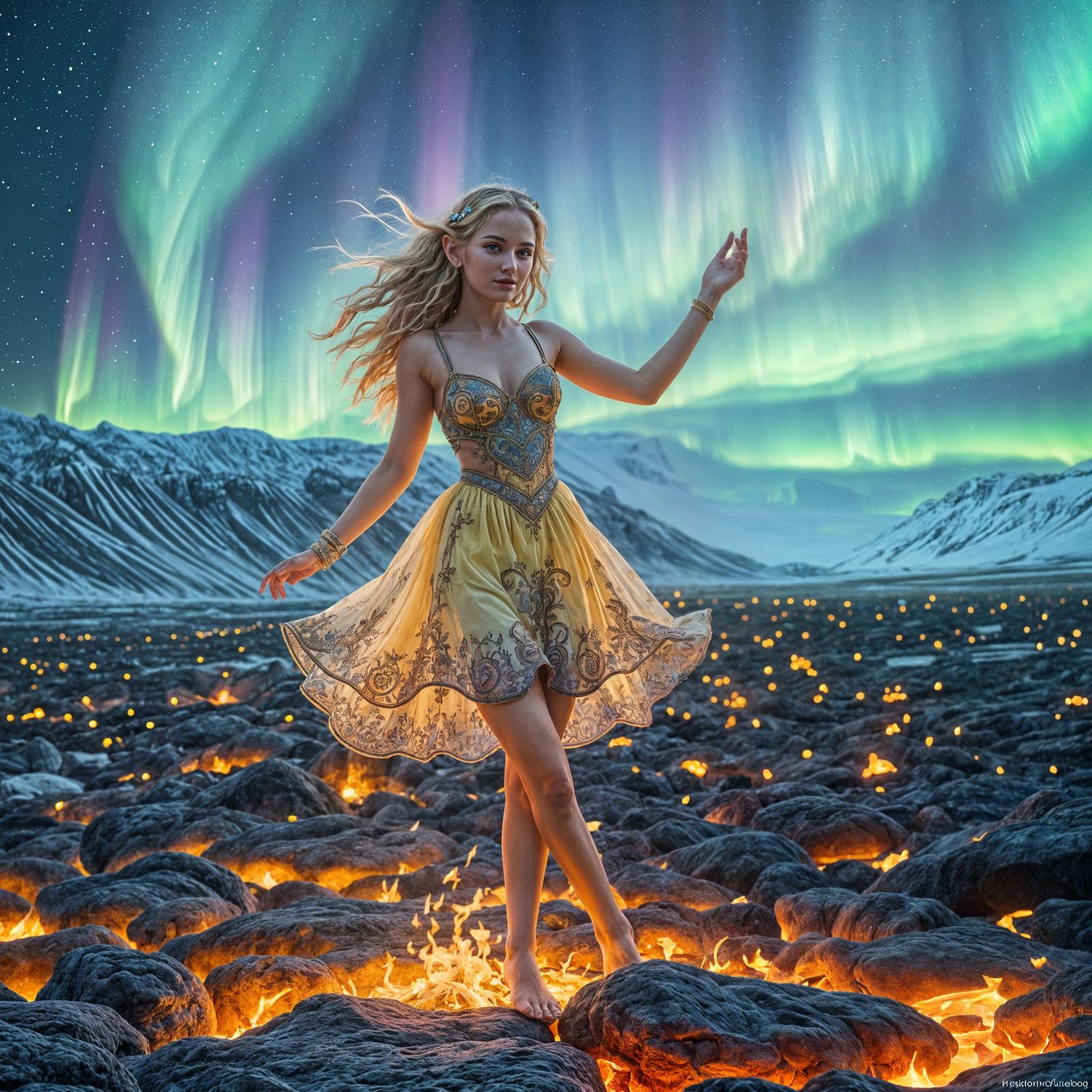 Hyperrealistic Elf Dances Amidst Icelandic Lava and Northern...