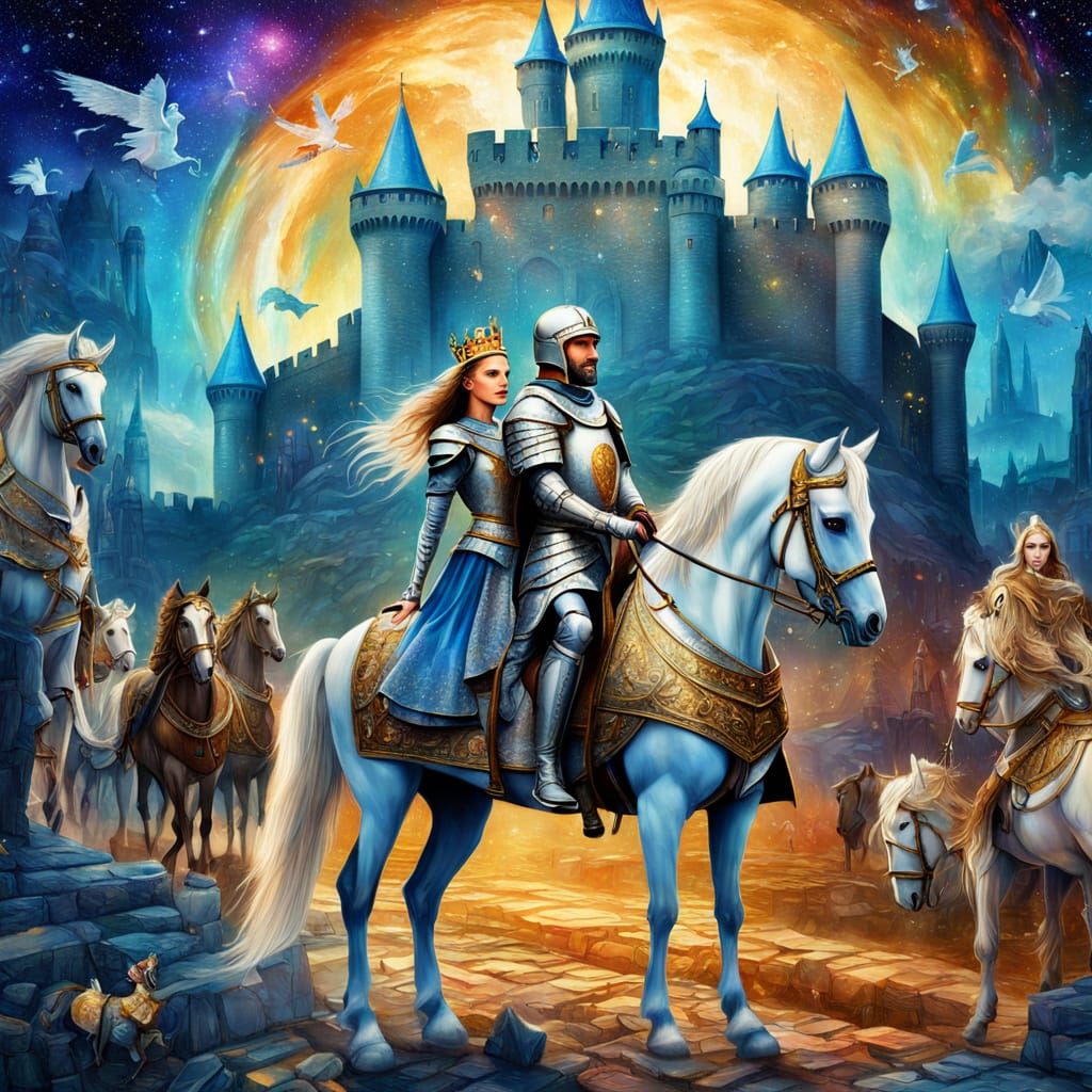 Medieval Princess with Knight Protector in Front of Fortress